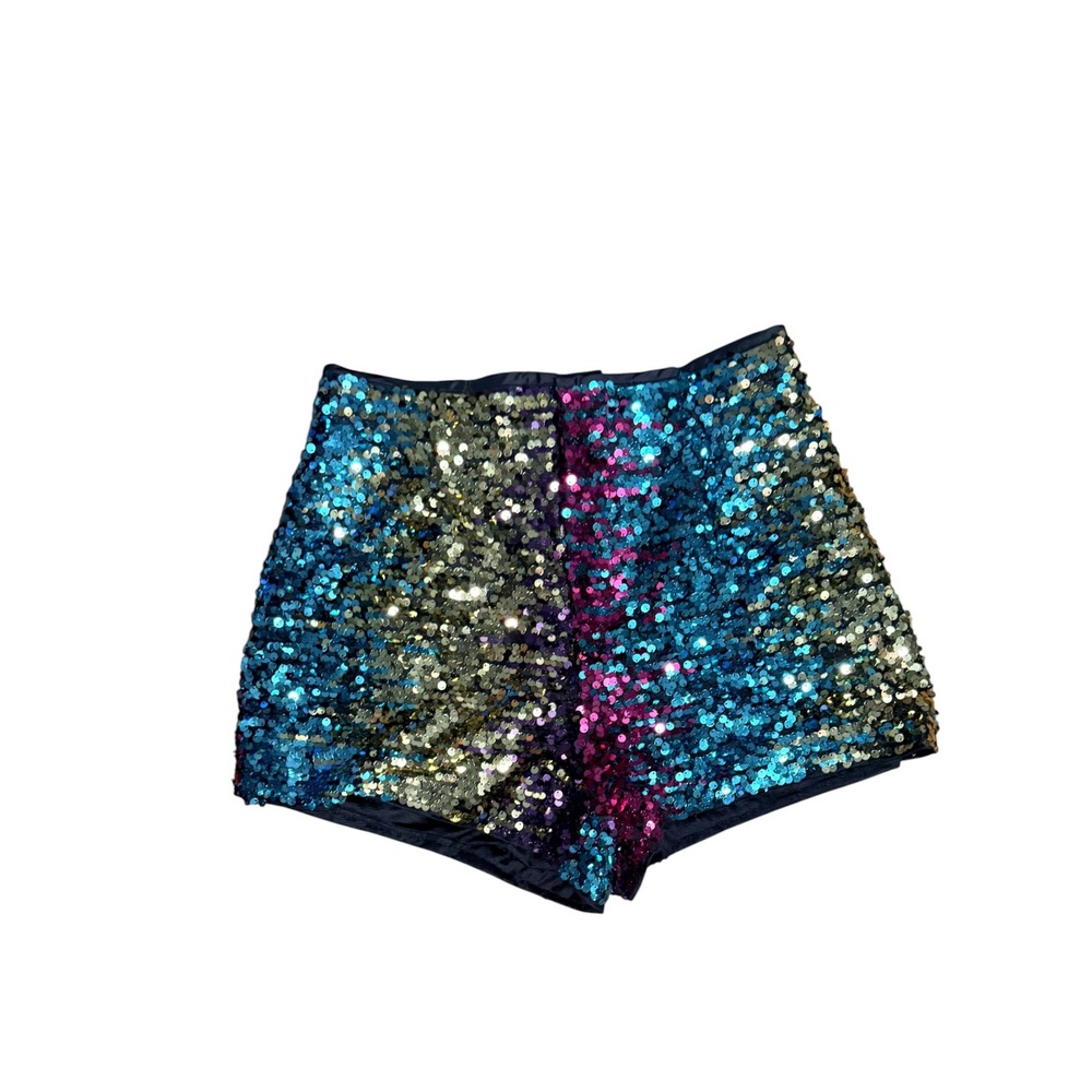 Womens High Waisted Sequin Hot Pants Teal Gold Purple Festival Rave Shorts M - Picture 2 of 5
